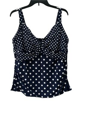 Lands End Polka Dot Tankini Navy Blue White Size 18 Tummy Control Wrap Underwire